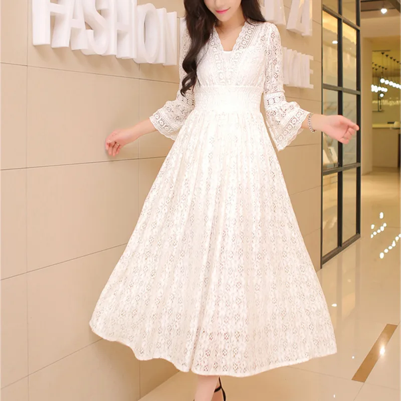 2018 Summer Autumn Women Elegant White Lace Long Dress High Waist Bohemia Beach Maxi Dresses Female Vintage Party Dress Vestido Dresses