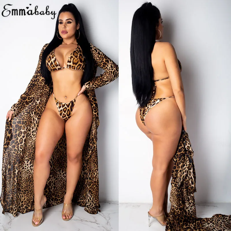 Сексуальный женский леопардовый купальник, комплект бикини из 3 предметов+ накидка с длинными рукавами, пуш-ап, Мягкий купальник, купальный костюм, пляжная одежда