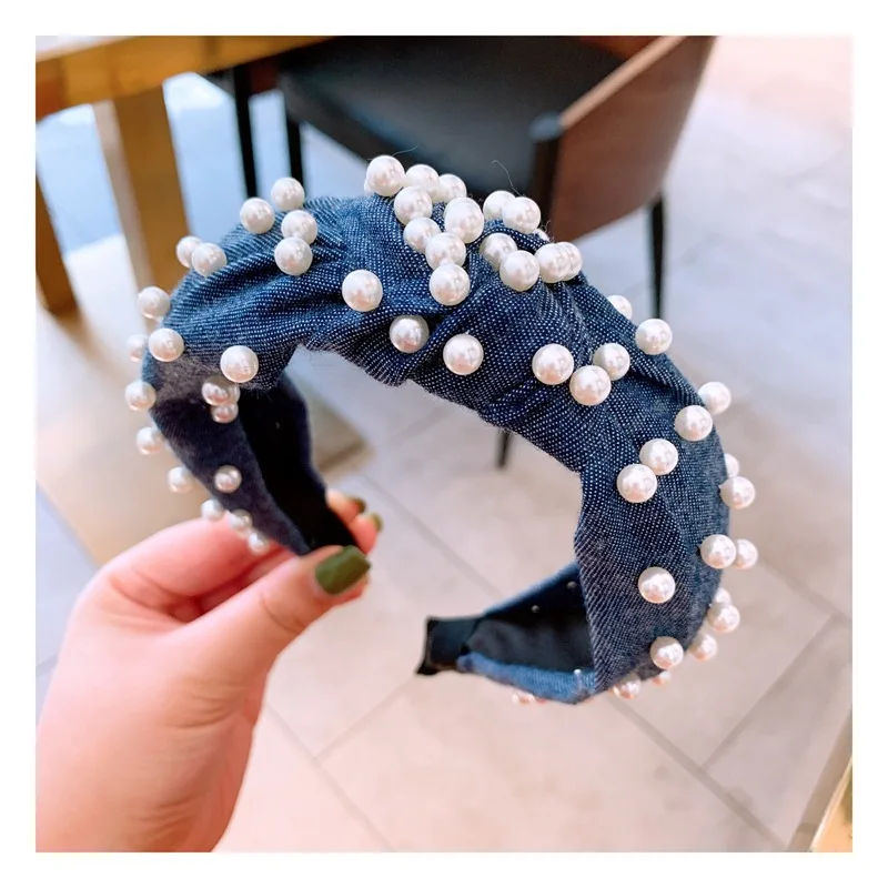 Fashion Knot Turban Hair Bands For Women Pearl Jewel Denim Headband Haarband Hairband Diademas Bordadas Haar Accessoires