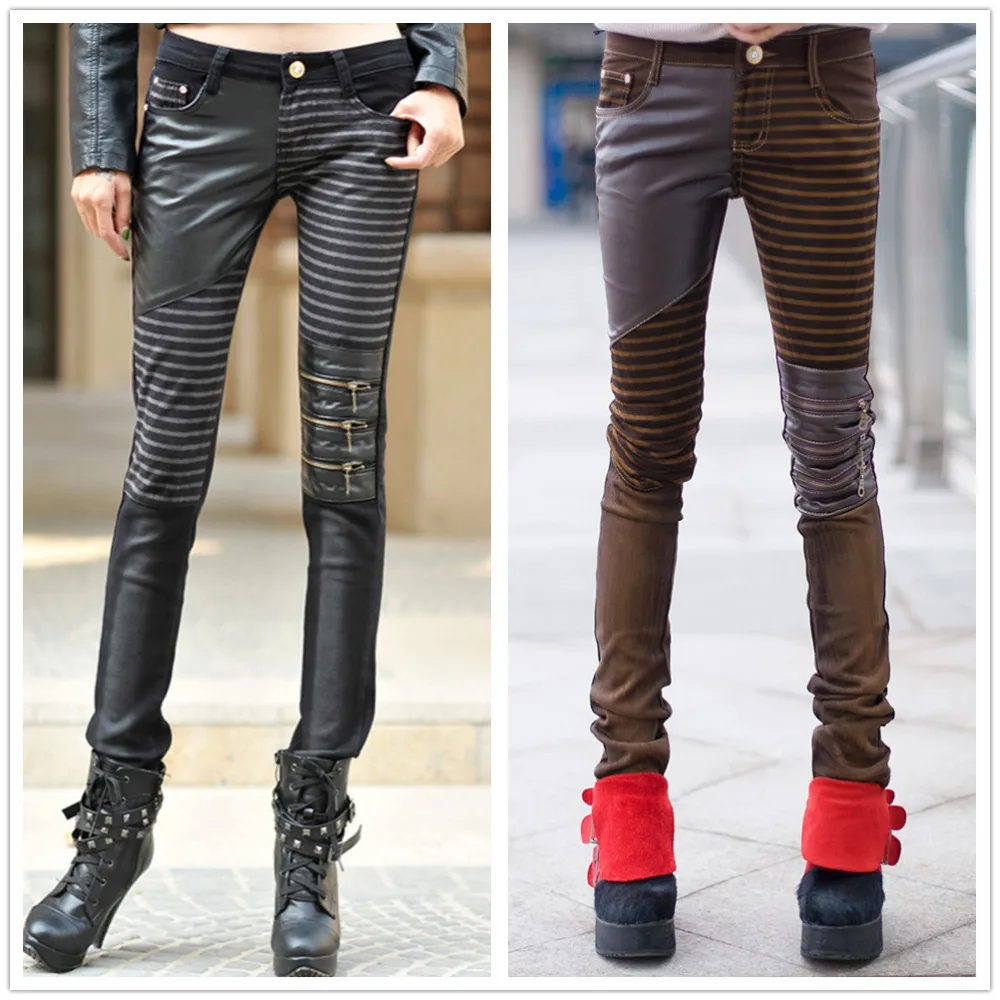 

Spring Autumn Casual Pencil Pants zipper Denim Jeans Faux Leather stripe patchwork low-waist Panelled Womens slim skinny Pants