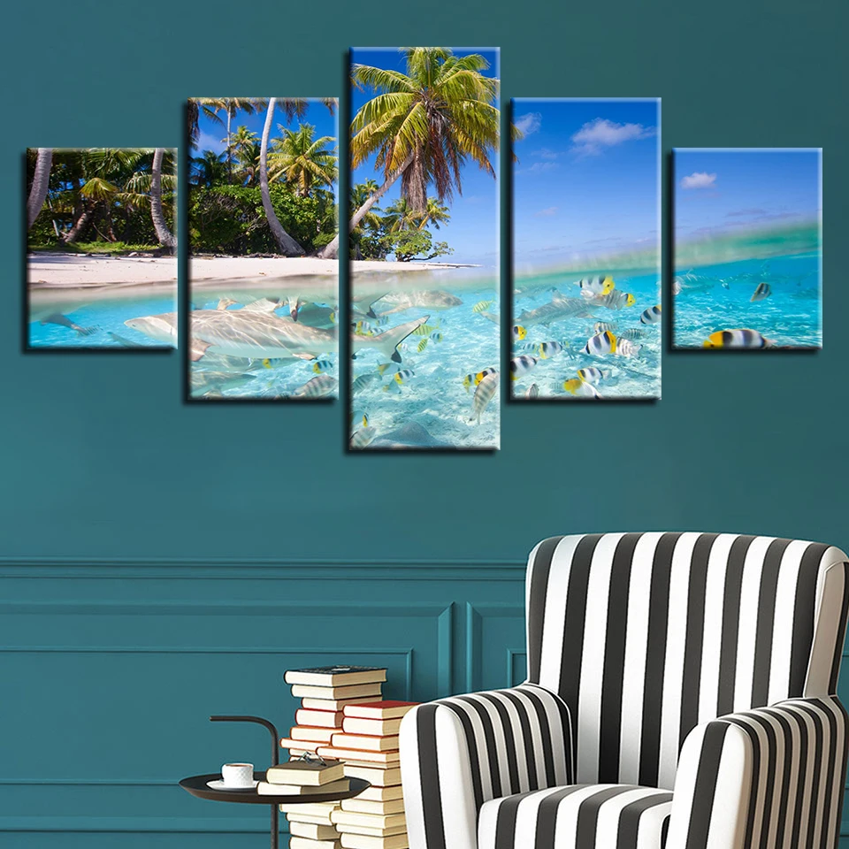 Modern Abstract Wall Art Pictures Home Decoration 5 Panel Coconut Tree Sea World Posters Frame Living Room HD Printed Painting