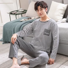 Мужская Хлопковая пижама с длинными рукавами, пижамный комплект с круглым вырезом и рисунком, осенне-зимняя Домашняя одежда, одежда для сна для мужчин, Пижама для пар, комплект для сна