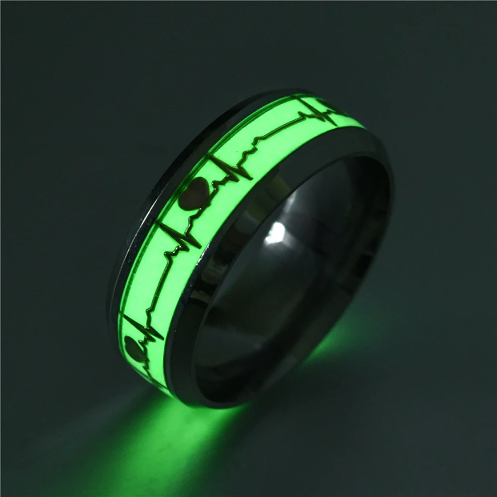 

Glow in The Dark Heart Rate Stainless Steel Couple Finger Ring Engagement Wedding Ring Christmas Fashion Jewerly Women Men Gift