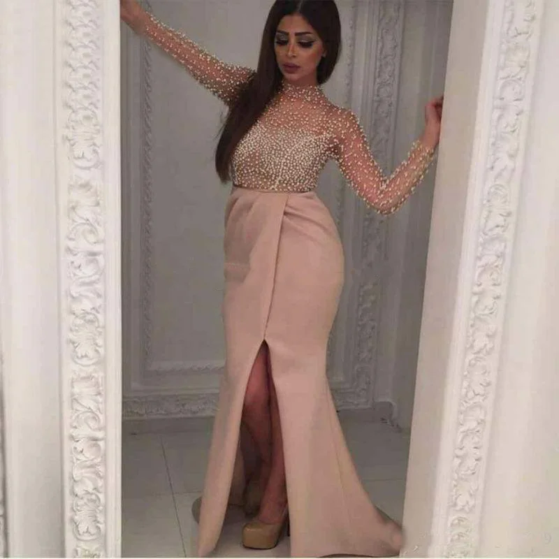 Pearls Corset Sexy Evening Dress 2017 Front Split Tulle Long Sleeves Formal Gowns High Neck prom Party Dresses Arabic