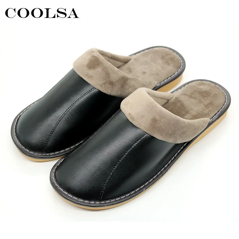 Coolsa/новые зимние мужские тапочки из натуральной кожи; короткие плюшевые теплые тапочки; мягкие оксфорды на плоской подошве; нескользящие домашние Вьетнамки; повседневная обувь