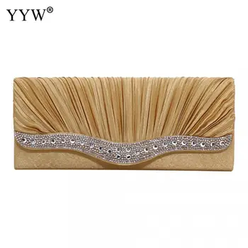 

Women Rhinestone Evening Hand Bag Satin Wedding Purse Gold Bridal Party Purse Chain Dinner Day Clutch Vintage Handbag Bolsos