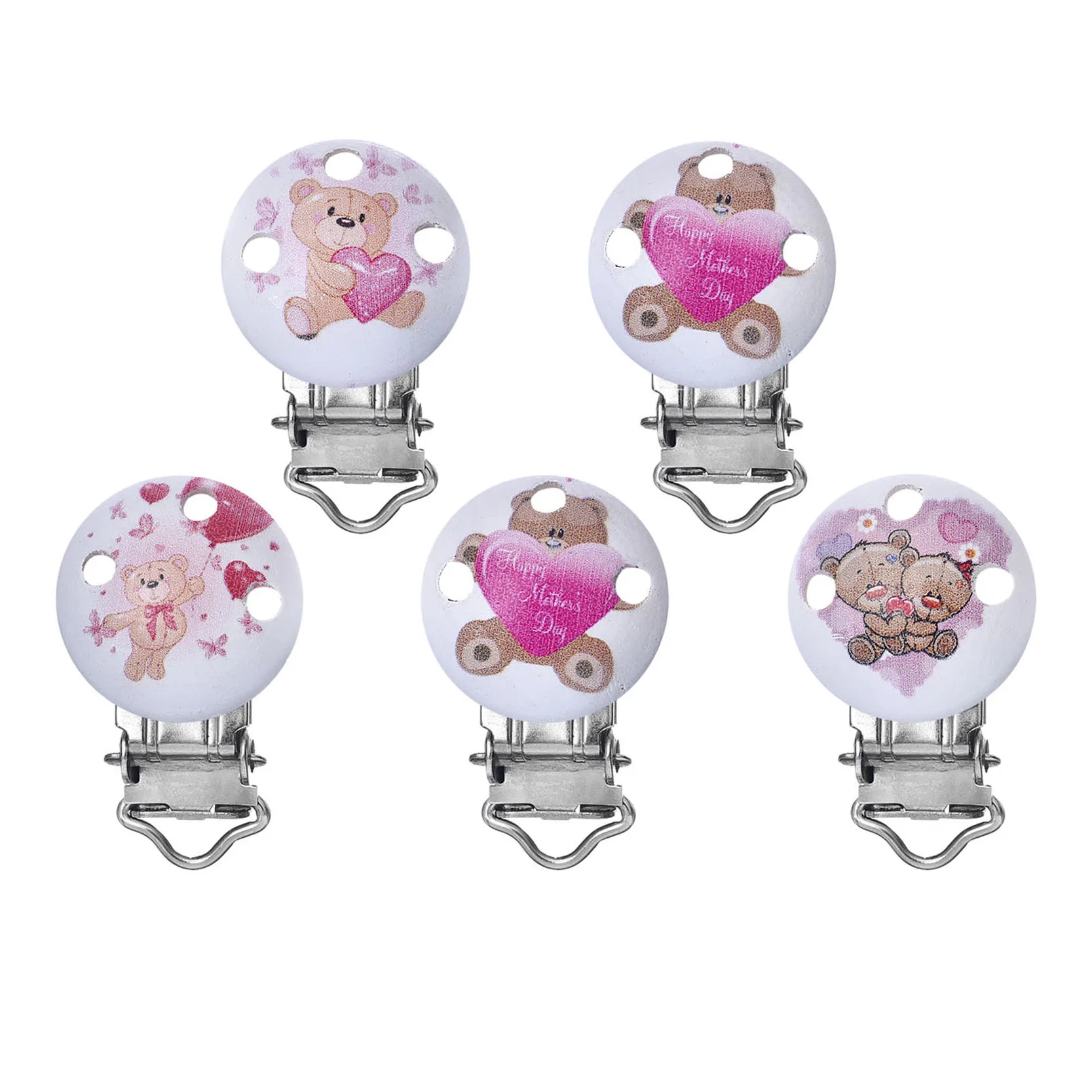 5PCs lot Cute Bears Patterns font b Baby b font Pacifier Clips Metal Holders Mixed Wood
