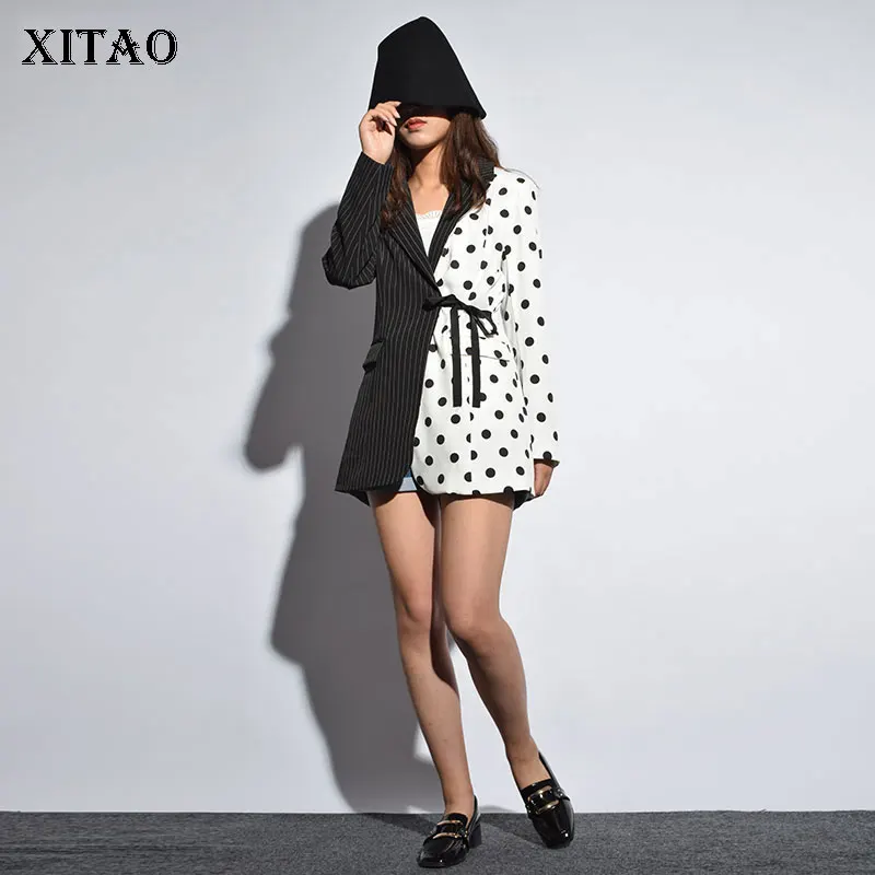 

[XITAO] 2019 Spring Summer Europe Women Notched Collar Striped Patchwork Polka Dot Pattern Full Sleeve Bandage Blazer LJT4019