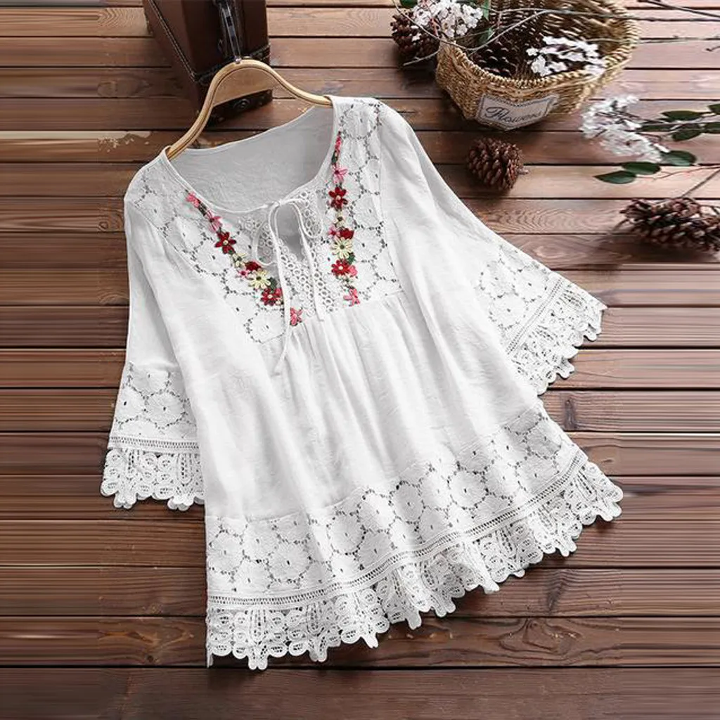 Plus Size Womens Tops And Blouses Woman 2022 Vintage Lace Long Sleeve White Blouse Tunic Ladies Tops Korean Fashion Clothing