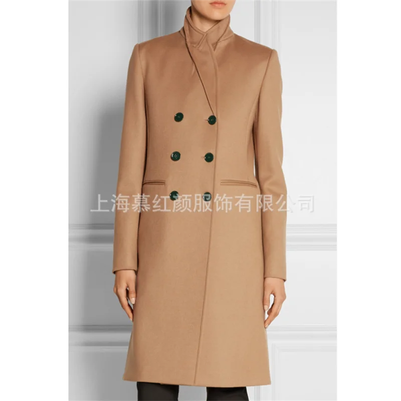 Зимнее женское пальто размера плюс кашемировое OL Модное Элегантное приталенное двубортное пальто верблюжьего цвета