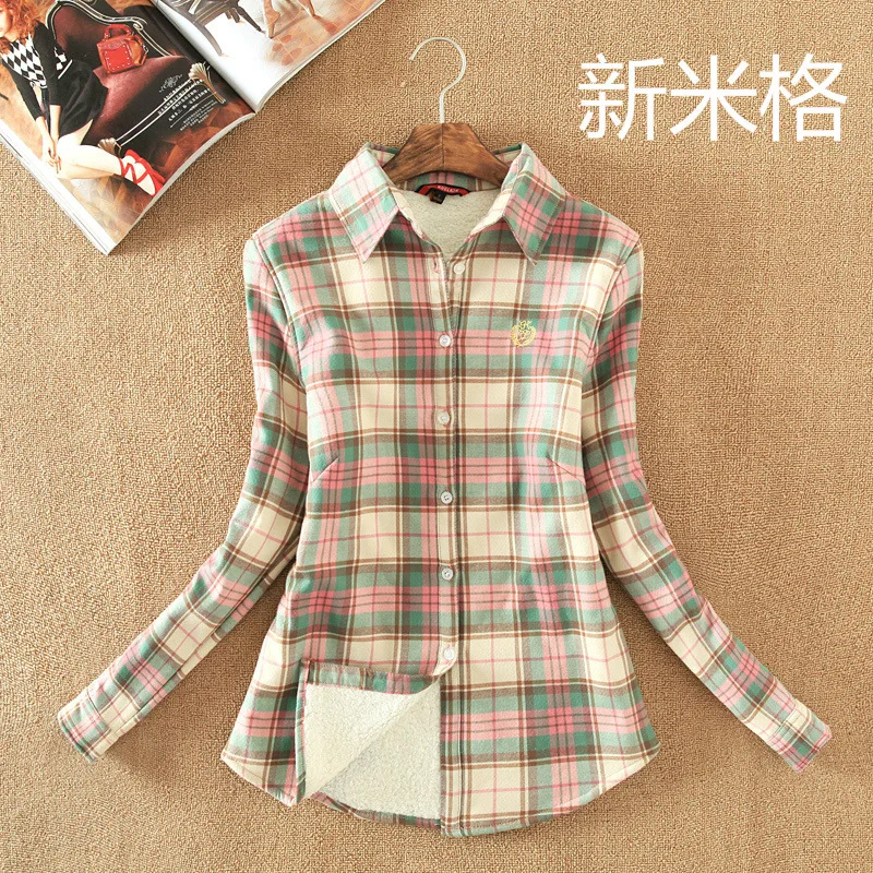 Women's Shirt Autumn Winter Top Ladies Female Casual Cotton Lapel Long-Sleeve Thick Plaid Shirt Women Slim Outerwear Blouse Tops