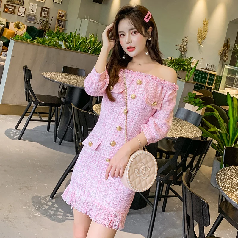 Limiguyue/высококачественное розовое твидовое платье с вырезом лодочкой vestidos, открытая Золотая кнопка-застежка мини-платье с бахромой, шерстяные женские платья T863