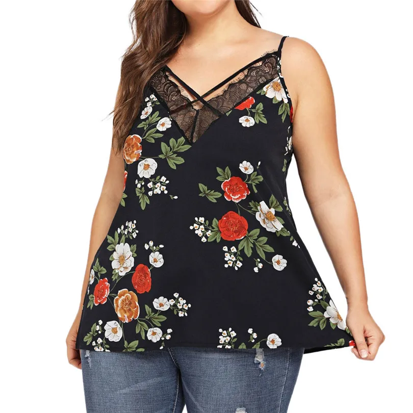 New Womens Girls Summer Daily Casual Sexy Plus SizeSleeveless Floral Print Lace Patchwork Camis Crop Top tops #4F05 (15)