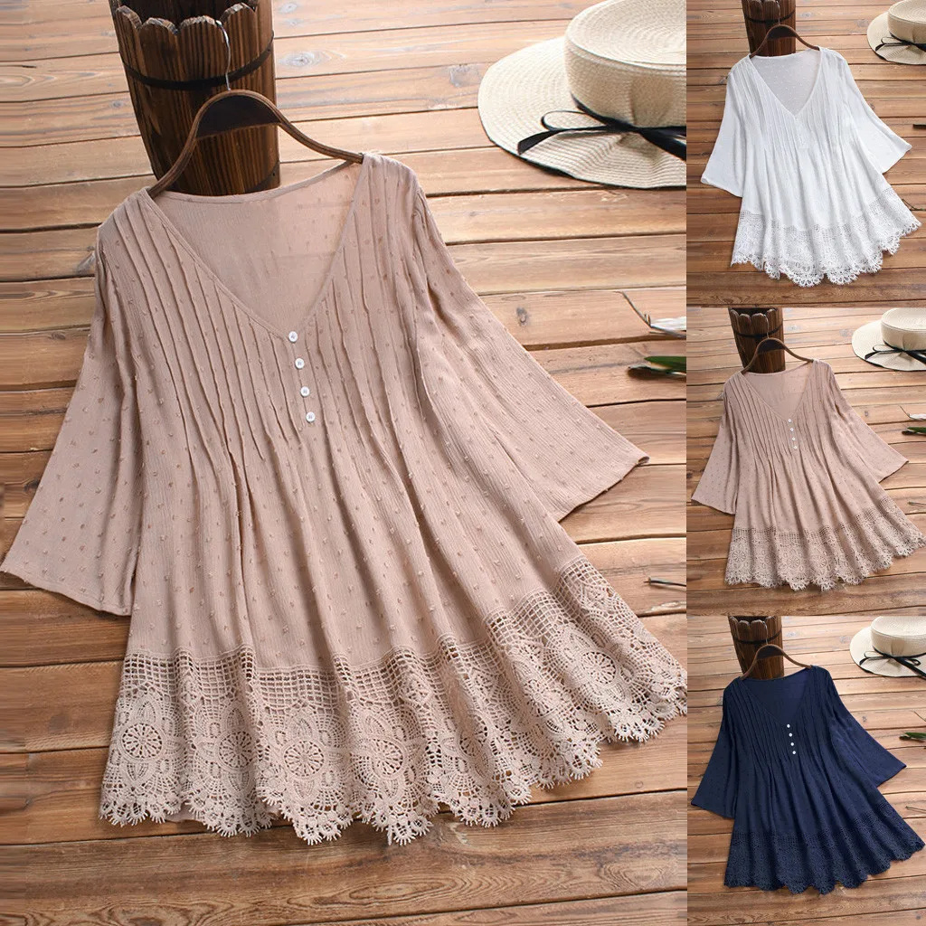 

Tank Tops Women Summer Casual Vintage Jacquard Three Quarter Loose Lace V-Neck Plus Size Top T-Shirt Blouse Hot Style 2019