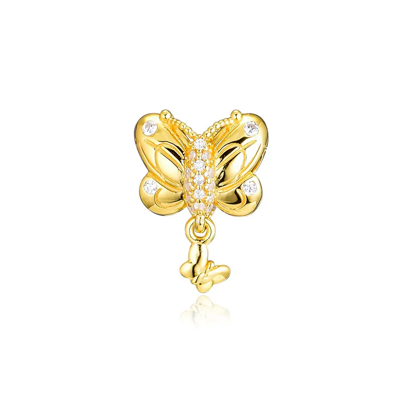 

For Silver 925 Original Beaded Bracelets Golden Shine Charms 2019 Spring Jewelry Clear CZ Butterfly Charms For Jewelry Making