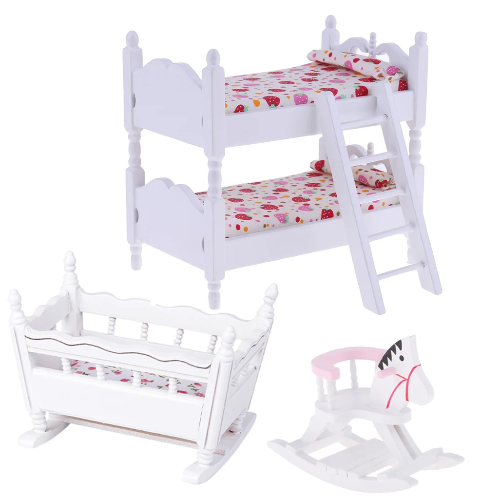 White 1/12 Scale Dollhouse Furniture Children Nursery Bedroom Bunk Bed Cradle Rocking Horse Set