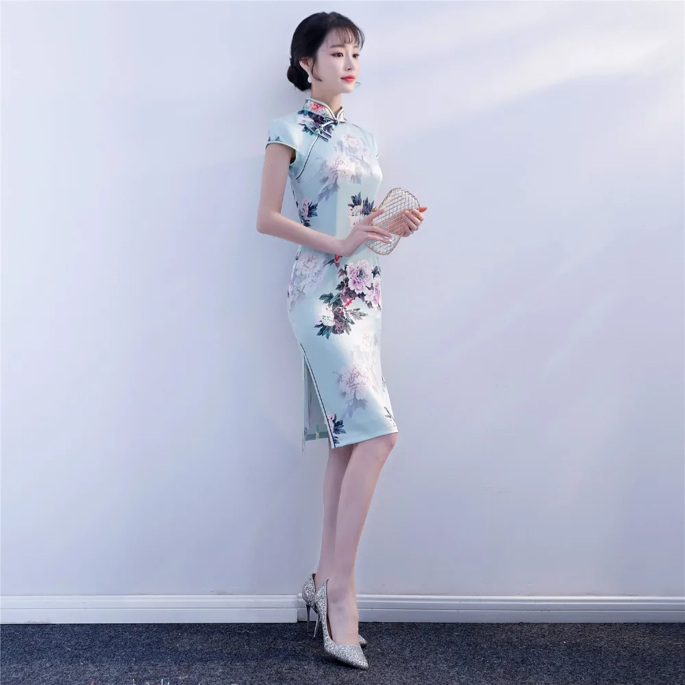 Шанхай история длиной до колена китайское традиционное платье из искусственного шелка платье Ципао с коротким рукавом Qipao для женщин