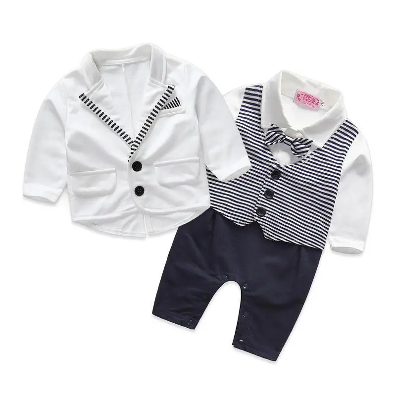 gentleman baby boy clothes white coat+ striped rompers clothing set