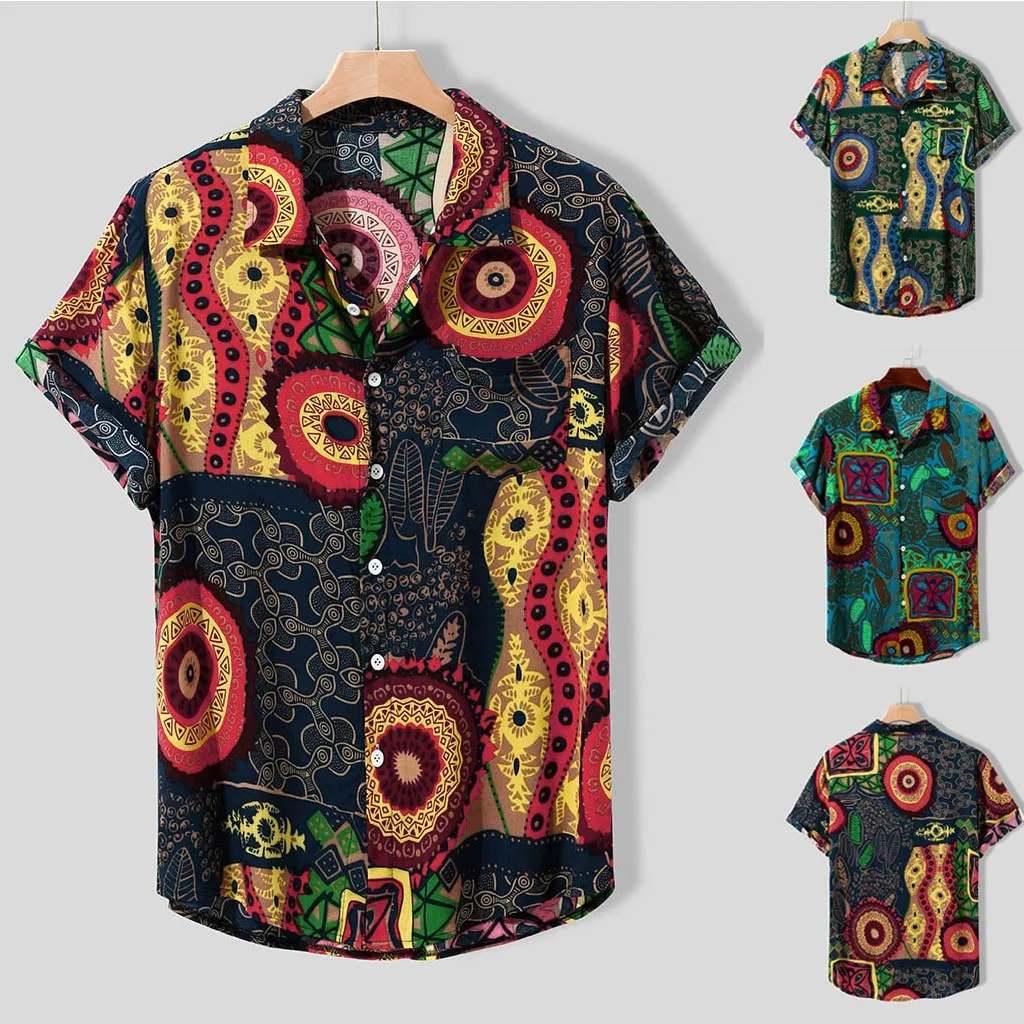 Hot sale New Summer Men Shirts Vintage Ethnic Printed Turn Down Collar Short Sleeve Loose Casual Tops camisas hombre