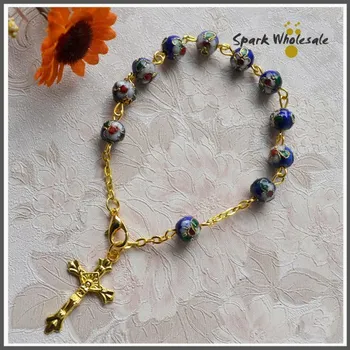 

25pcs/lot Wholesale Reilgious 8mm Dark Blue Cloisonne Beads Rosary Bracelet Catholic Golden Cross Bracelets