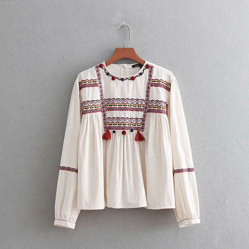 

Bella Philosophy ethnic women embroidery tassel casual kimono blouse women linen shirt blusas cotton tribal top