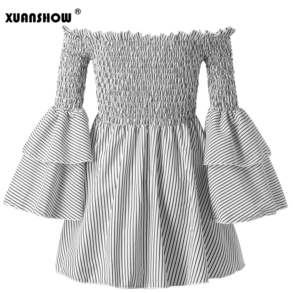 Женское платье в полоску XUANSHOW элегантное праздничное с расклешенными рукавами