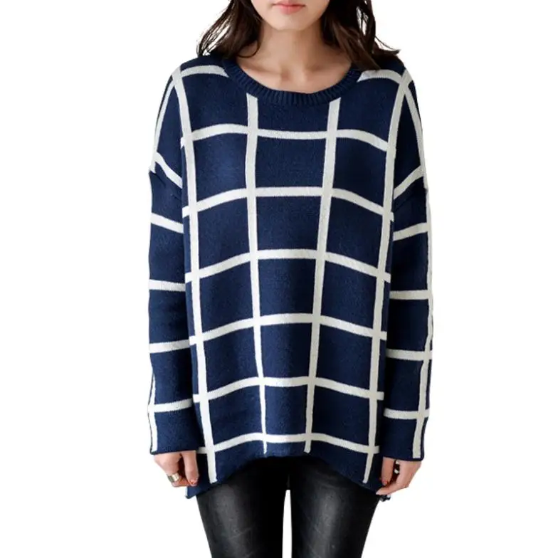 Fashional Women Sweaters 2015 European Autumn and Winter Plus Size Loose Classic Big Plaid Irregular O-neck Pullover Sweater W96 | Женская