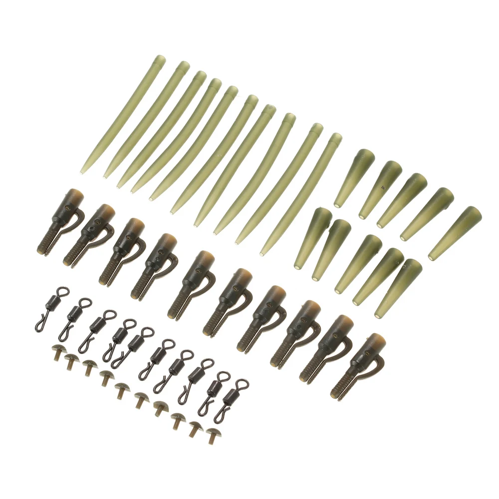 50pcs/10Set Terminal Carp Fishing Tackle Lead Clips with Pins Tail Rubber Tubes Anti Tangle Sleeves Quick Change Rolling Swivels