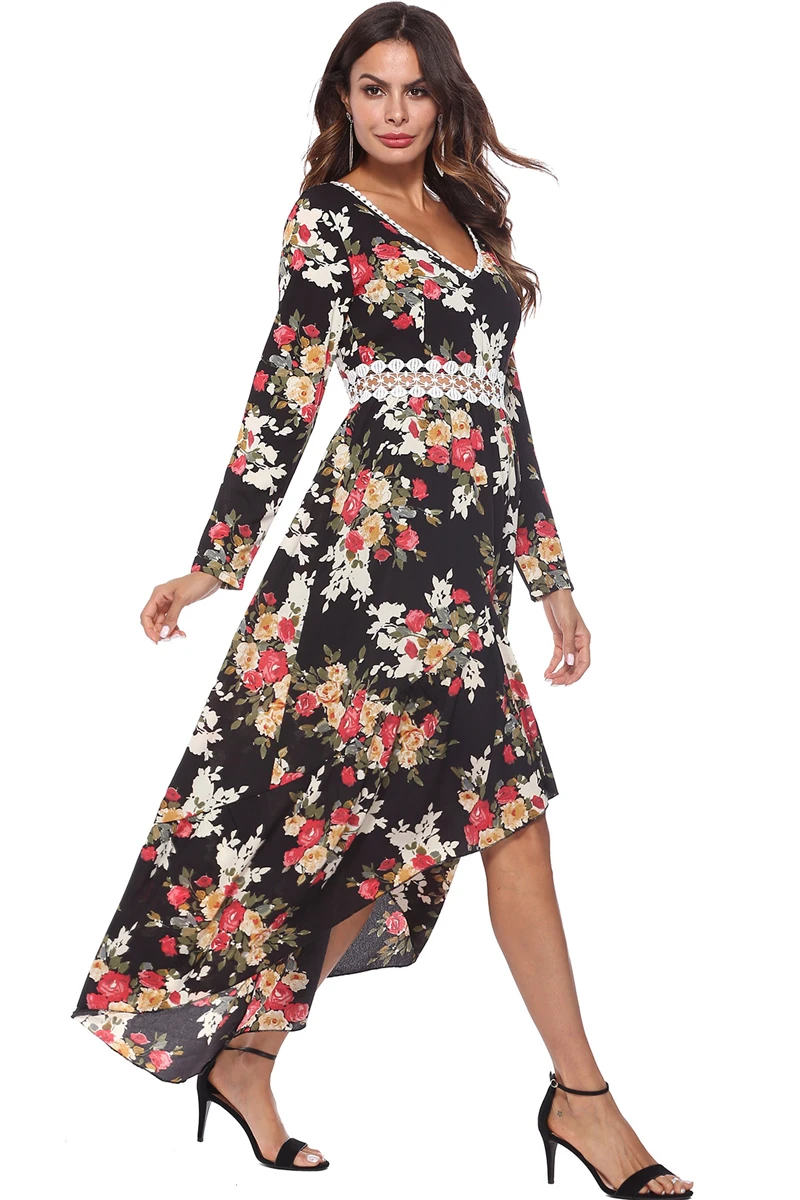 Floral Print Long Women Dress V-Neck Long Full Sleeve Spring Dress Sexy Hollow Out Waist Personality Western Style Gilr Clothes-XQ-02