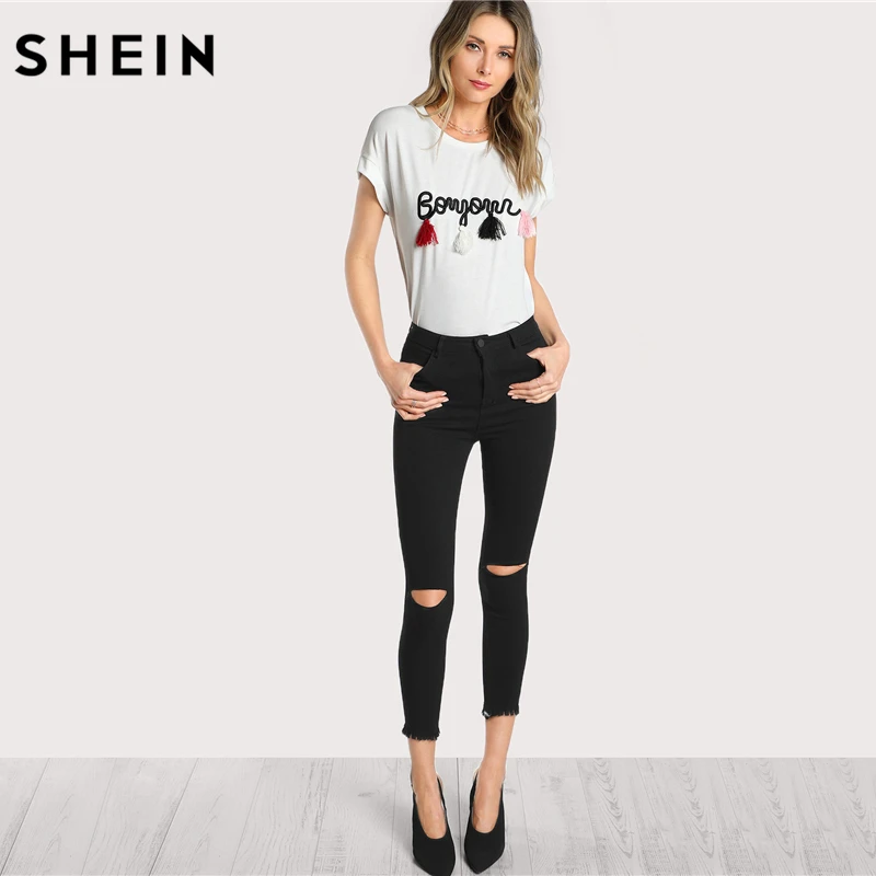 SHEIN T shirt Women Tops Summer O-neck T shirt Batwing Sleeve Tassel Detail Embroidery Dolman Top White Short Sleeve T-shirt