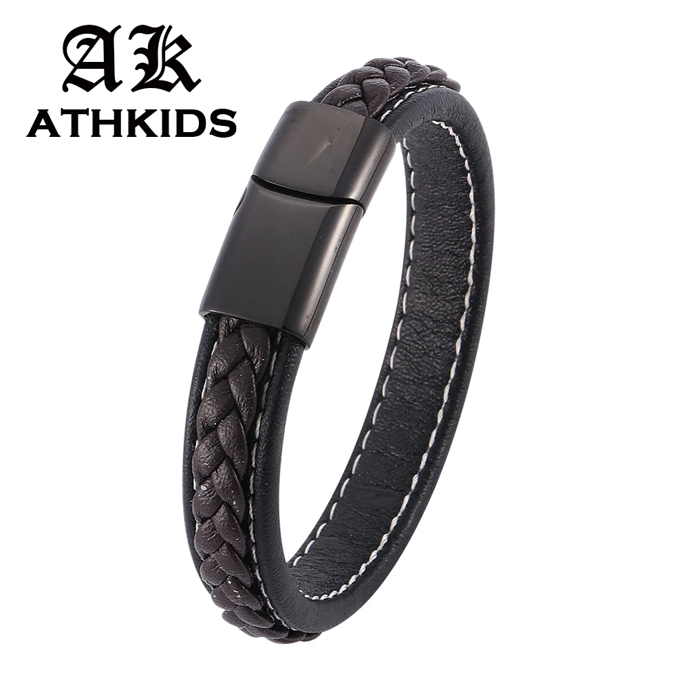 Hot Mens Jewelry Braided Leather Wrap Bracelet Men Male Stainless Steel