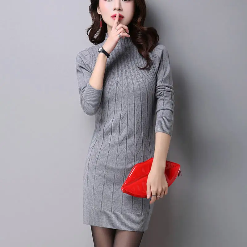 Высокое качество трикотажные хлопковые обтягивающие женские платья-свитеры со стоячим воротником эластичные платья размера плюс S-3XL зимние теплые платья - Цвет: gray