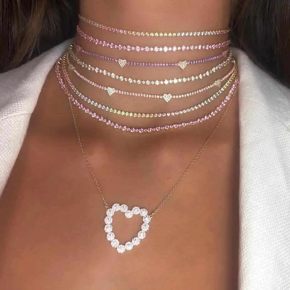 

2019 thin cz tennis chain necklace pastel women choker various colors colorful cz Gold color trendy gorgeous elegance necklace