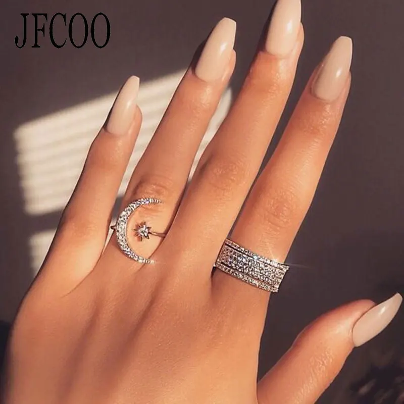 

2019 Hot sale Crescent tooth Star Moon Rings European and American creative hyperbole open engagement ring Dropshipping