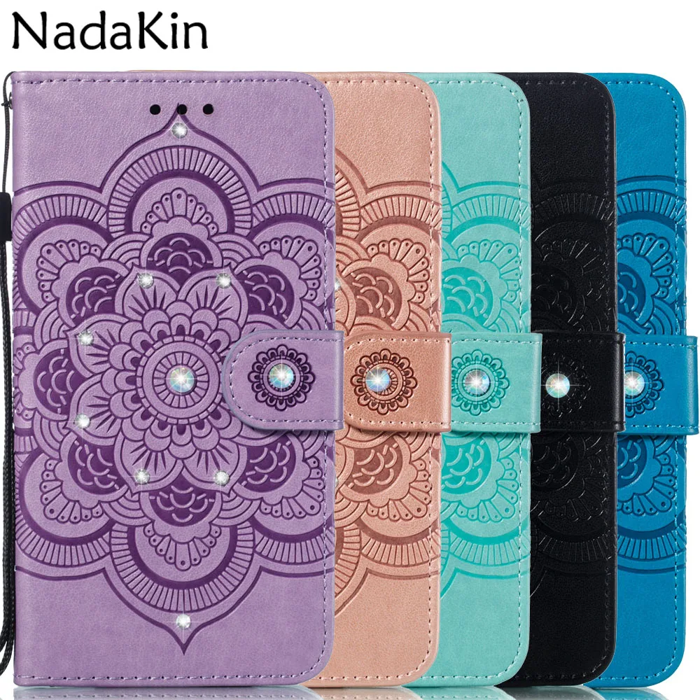 

Luxury Rhinestone Diamond Flip Book Case Shell for Samsung Galaxy S10e S10 S9 Plus Note 9 Leather Wallet Flower Cover With Strap