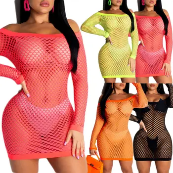 

Hirigin Sexy Fishnet Beachdress Women BIkini Cover Up 2019 Off Shoulder Long Sleeve Swimwear Bodycon Dress Summer Bathing Suit