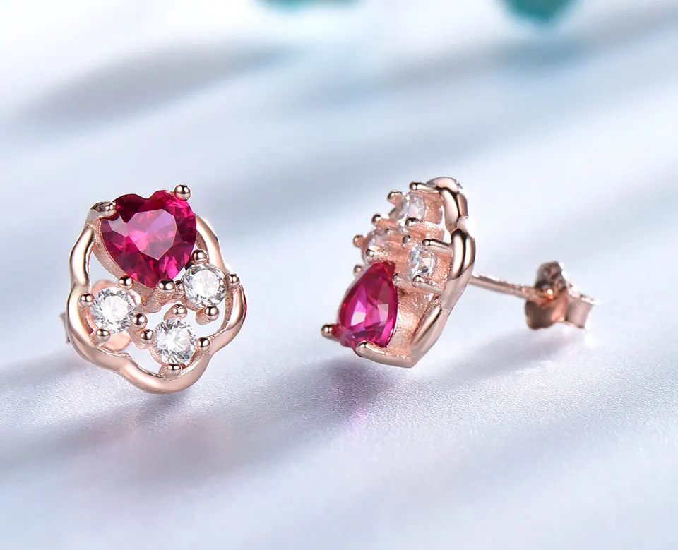 UMCHO Твердые 925 пробы серебряные серьги-гвоздики в форме сердца для женщин, серьги с рубиновым драгоценным камнем, серебряные романтические ювелирные изделия, милый подарок