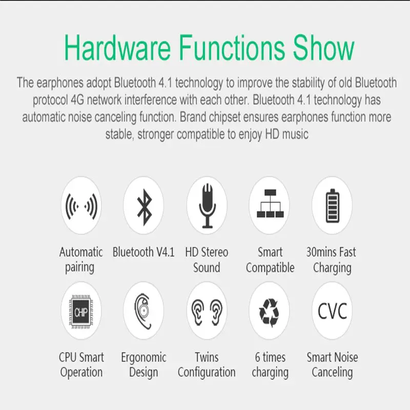 Mini Twins Bluetooth V4.1 HD Stereo Wireless Earphones Smart Noise Cancelling Handsfree Bluetooth Earbuds for Xiaomi iPhone X 8