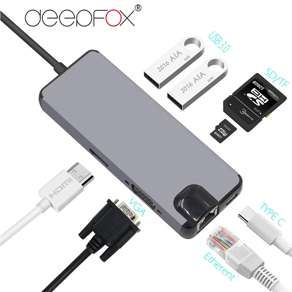 DeepFox SD/TF USB хаб-конвертер 4K HDMI VGA type C USB к RJ45 Lan Ethernet адаптер для Macbook samsung Galaxy S8 matebook X