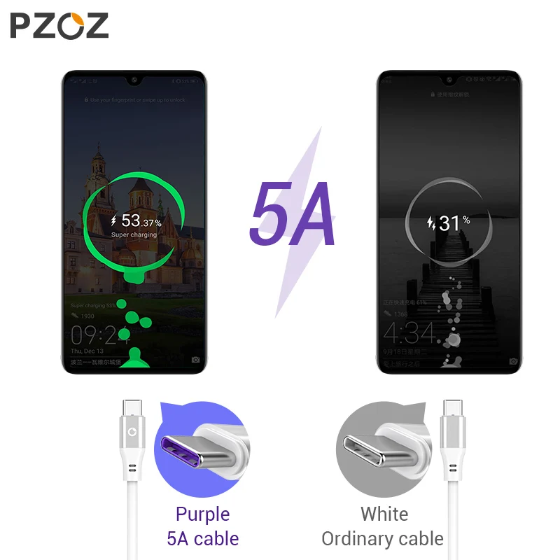 Pzoz 5a usb c كابل علامة هواوي p20 p10 p9 زميله 20 برو x 10 لايت honor 8x الهاتف المحمول شاحن سريع شحن usb نوع-c البيانات الحبل