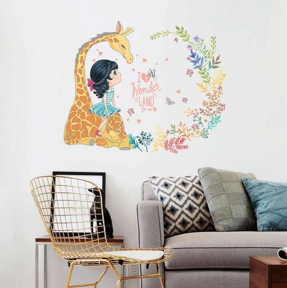 

Cartoon Giraffe Girl Wall Stickers Living Room Bedroom Decorative Removable Self Adhesive Art Vinyl Still Life Wall Stickers