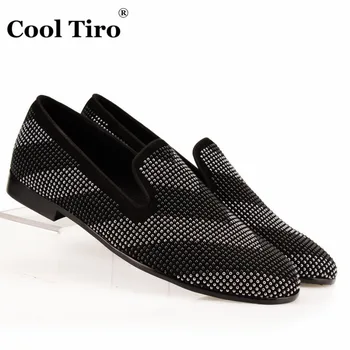 

COOL TIRO V Stripe Rhinestones Loafers Men Slipper Smoking Gentleman Party Black Suede Dress Shoes Genuine Leather Men's Flats