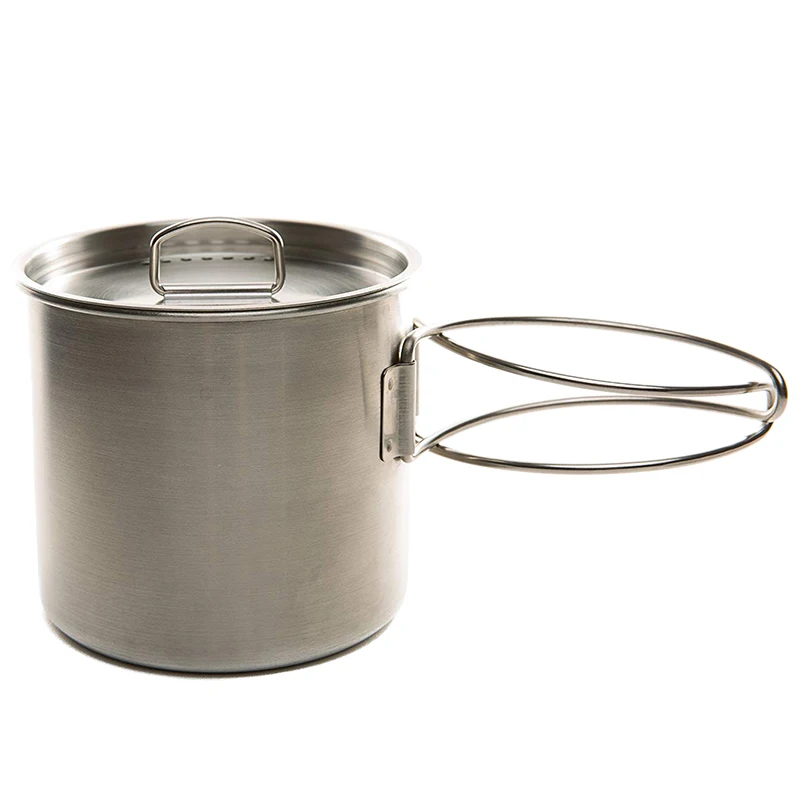 

Stainless Camping Backpacking Cup Pot Cook Set With Vented Lid Folding Handles For Hiking Camping