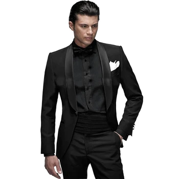 

2017 Classic Mens Suits Groomsmen Shawl Satin Lapel Groom Tuxedos Black Wedding Best Man men Suit (Jacket+Pants+Tie+Girdle)