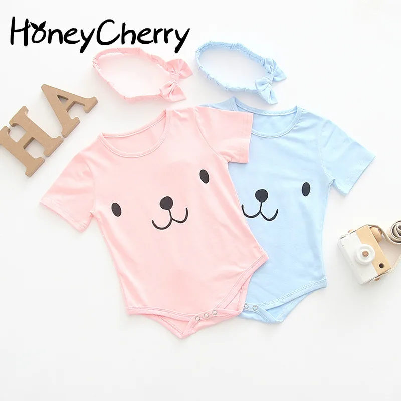 

Summer romper Short-sleeved Baby Bear And Painted Pure Hatch Bow Hair Belt Two-piece Set Baby Girl Clothes Baby romper