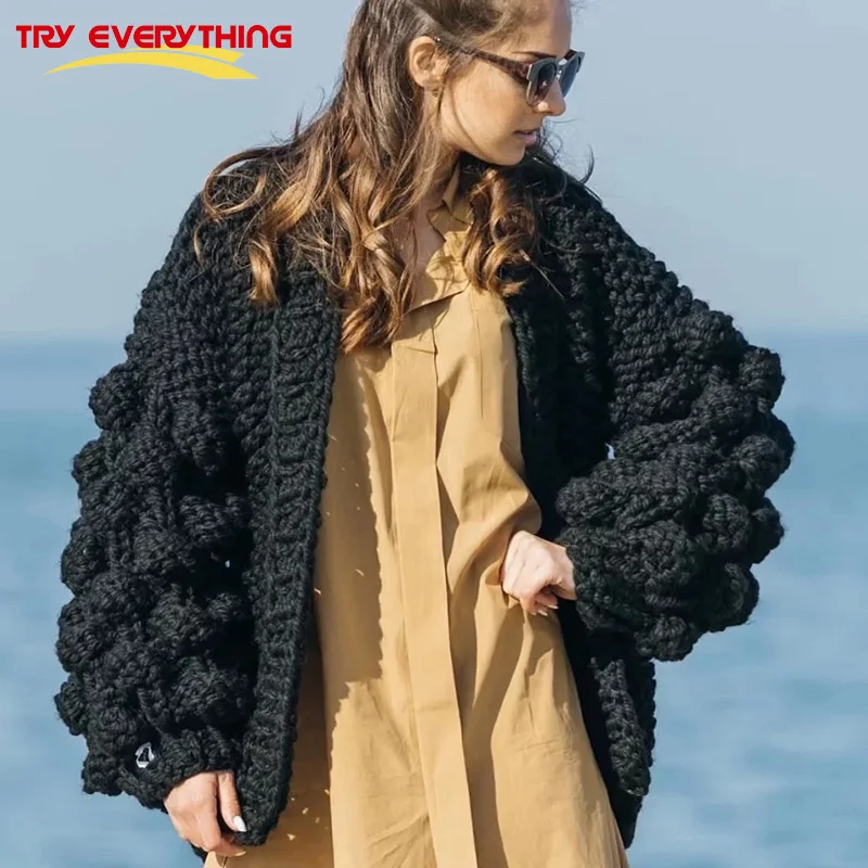 Try Everything 2018 Women Winter Sweater Cardigan Black Hand Knitted Long Sleeve Cardigan Female Thick Pull Femme Hiver Sweaters