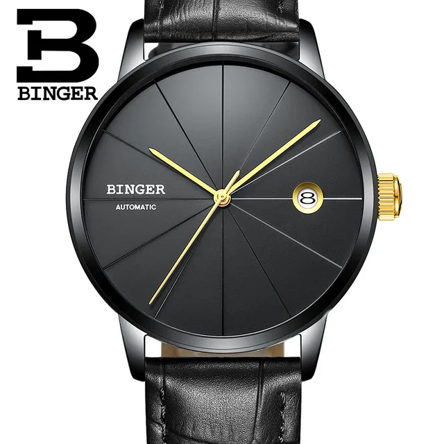 Switzerland BINGER мужские часы Топ люксовый бренд Япония Seiko автоматическое механическое движение часы досуг бизнес синий horloges - Цвет: Leather Black Gold
