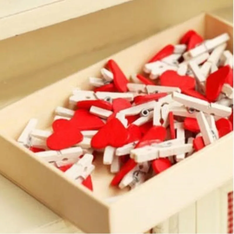 

hobbisland 50pcs wood mini 25x3mm red heart pegs wooden clip set office accessories photo decorative party craft