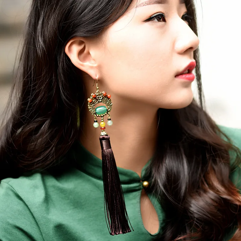 

FREE SHIPPING Elegant Tassels Brown Mercerized Lines Colored A gate J ade Beads Original Long Earrings Quality Ethnic Jewelry