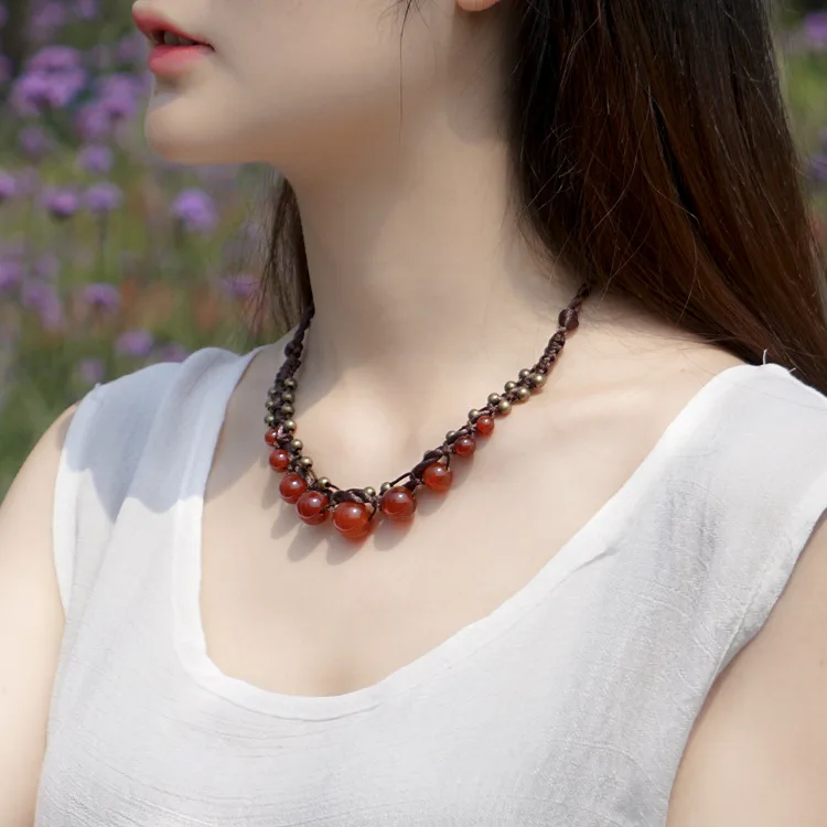 

Natural red onyx chalcedony beads necklaces for women original handmade choker necklace wholesale knitted jewelry 0524